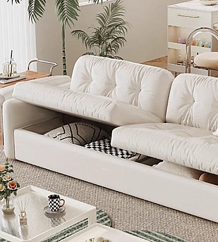 Sofa with integrated storage space, showcasing DELTA CAINA's functional hardware solutions for maximizing furniture utility and convenience.